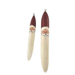 Hand Painted Wooden Santa Claus Face Ornaments Set Of Two Folk Art Long Beard